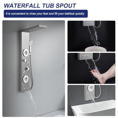 ROVATE 5 in 1 Rainfall Shower Panel Tower with Tub Spout, Brushed Finish | Stainless Steel Shower Column with 2-Setting Body Massage Jets, Flexible Handheld and Waterfall Tub Spout - color: Brushed Finish