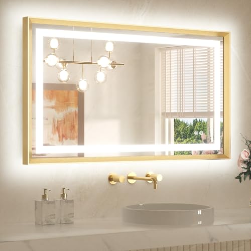40 x 24 Led Mirror Brushed Gold Metal Frame Frontlit & Backlit Vanity Mirror Anti-Fog Stepless Dimmable 3 Colors White/Warm/Natural Wall Mirror with Lights Wall-Mounted - color: Brushed Gold, size: 24"L x 40"W