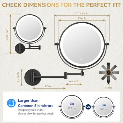 Auxmir 9″ 5000mAh 1X/30X Wall Mounted Lighted Magnifying Makeup Mirror | Power Adapter&2 Tweezers Included/ 3 Dimmable Colors/ Dual Sided Button Control/ Rechargeable/ 360° Rotation Extended Arm - color: 9'' 30x-black+adapter