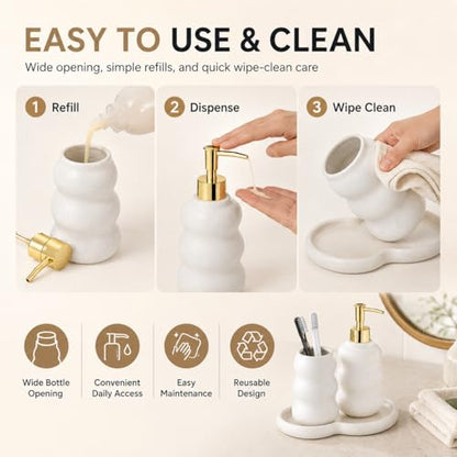 3-Piece Ceramic Bathroom Accessories Set with Sand Point Glaze Design - Tray, Lotion Dispenser, and Tumbler - Bring Nature to Your Bath - color: Beige