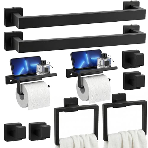 Tudoccy 10-Piece Matte Black Bathroom Hardware Set, 24in SUS304 | Rustproof towel bar, towel ring, toilet paper holder with shelf; upgraded wall anchors for secure install - color: Black, size: 24 Inch 10 pcs
