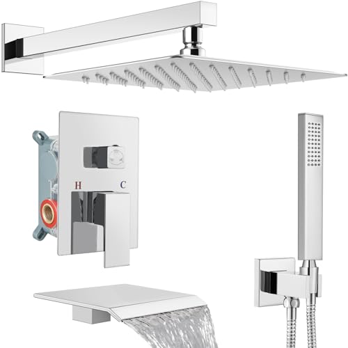 Midanya Shower System with Tub Spout,Bathtub Shower Faucet Set with Square Rainfall Head and Handheld Sprayer Wall Mount Tub Faucet Set with Valve and Trim Kit,12 Inch Polish Chrome - color: Polish Chrome, size: 12 Inch