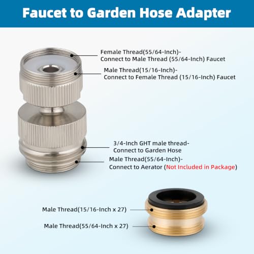 Hibbent Faucet Adapter Kit, Swivel Aerator Adapter to Connect Garden Hose - Multi-Thread Kitchen Sink Faucet to Garden Hose Adapter 3/4 Inch - Brushed Nickel - color: Brushed Nickel, style: Swivel Garden Hose Adapter
