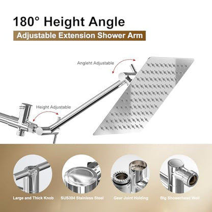 Shower Head with Handheld Spray, 8" High Pressure Rain Shower Head Combo with Adjustable Extension Arm, 5 Spray Modes Dual Showerhead Set, Detachable Handheld Shower, 304 Stainless Steel, Chrome