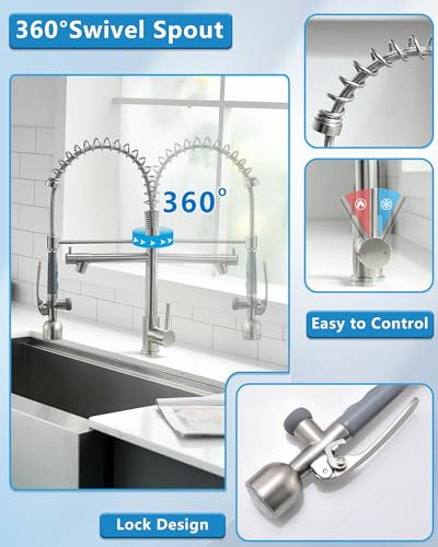 Fapully Commercial Pull Down Sprayer Brushed Nickel Kitchen Faucet | Single Handle Kitchen Sink Faucet with LED Light - color: Brushed Nickel, style: Modern