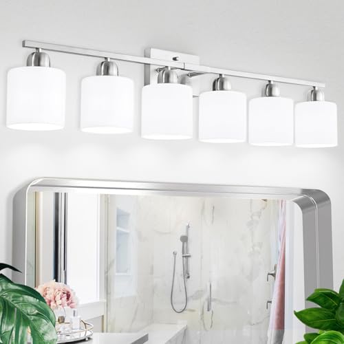 Large Bathroom Vanity Light Fixture, 6 Light Anti-Rust Finish with Milky White Frosted Glass Shades, 38 Inch Bath Light Above Mirror Light Fixture - color: Nickel & Milky White Glass, size: 6-Light