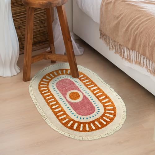 Lukinbox Boho Bathroom Rugs with Fringes, 2x3 Small Oval Washable Sun Area Rug for Bedroom, Ultra Soft Non-Slip Rainbow Throw Rug for Kids Room Nursery Entryway Kitchen - size: 2' x 2'11" (Oval)