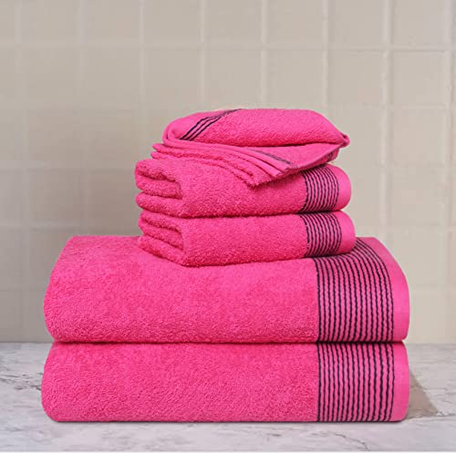 100% Cotton Ultra Soft 6 Pack Towel Set, Contains 2 Bath Towels 28x55 inchs, 2 Hand Towels 16x24 inchs & 2 Washcloths 12x12 inchs, Compact Lightweight & Highly Absorbant - Hot Pink - color: Hot Pink, size: 6 Pack Towel Set