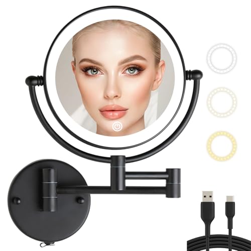 Lighted Make up Mirror Wall Mounted, 10X Magnification, Satin Brushed Gold | 2 Sided Bathroom Vanity with 3 Color LED Touch Dimmable, Upgraded Brightness, Cordless, Foldable Extended Arm, Matte Black - color: Matte Black