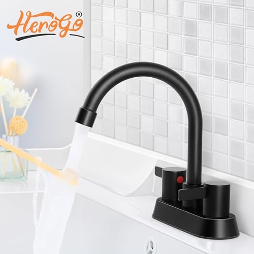 Herogo 2-Handle Centerset Bathroom Faucet Matte Black, Stainless Steel Vanity Sink Faucet 2-3 Hole with Drain Assembly, 360 Swivel Spout and Supply Hose for Farmhouse RV - color: Matte Black, style: Square Handles