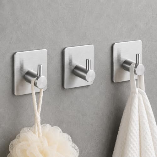 3pcs Adhesive Towel Hooks, Heavy Duty Wall Mount Hanger for Towels Robes Keys, Home Storage for Bathroom Kitchen Closet