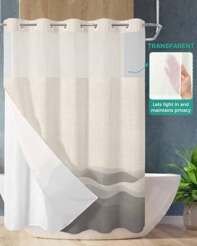 No Hook Shower Curtain and Snap in Liner Set, Grey Beige Ombre Bathroom Stall Shower Curtains 48x72 Inch, See Through Mesh Top Window, Minimalist Ocean Waves Linen Hotel Style, Washable Waterproof - size: 48"W x 72"L (Pack of 1)