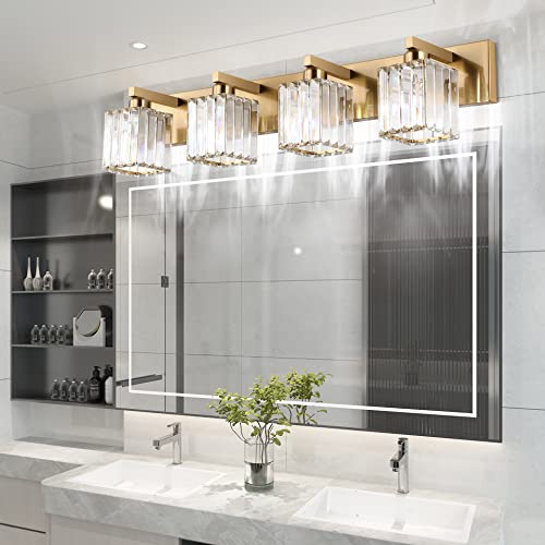Aipsun Bathroom Lighting Fixtures Modern Crystal Vanity Light Brass 4 Light Bathroom Vanity Light (Exclude Bulb) - color: Gold, size: 32 inch