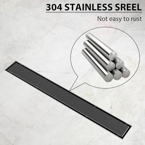 SaniteModar 24 inch Linear Shower Drain Matte Black with Tile Insert Grate | AISI 304 Stainless Steel Brushed Shower Floor Drain Rectangle Linear Drain with Hair Fliter and Adjustable Feet - color: Matte Black, size: 24 inch