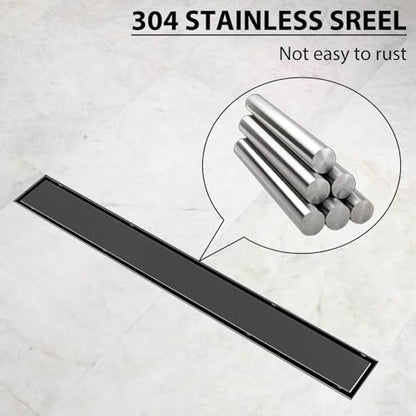 SaniteModar 24 inch Linear Shower Drain Matte Black with Tile Insert Grate | AISI 304 Stainless Steel Brushed Shower Floor Drain Rectangle Linear Drain with Hair Fliter and Adjustable Feet - color: Matte Black, size: 24 inch