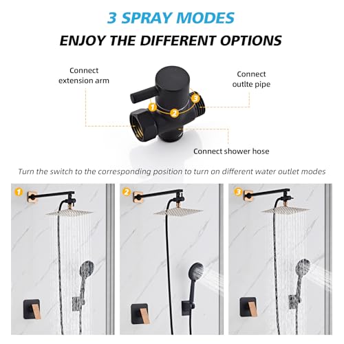 Shower Head Combo Matte Black and Rose Gold, 8 Inch Rain Shower Head with Handheld 5 Spray Modes High Pressure Rainfall Shower Heads System, 15 Inch Shower Adjustable Extension Arm - color: Matte Black+Rose Gold, style: 8 Inch with Handheld Sprayer