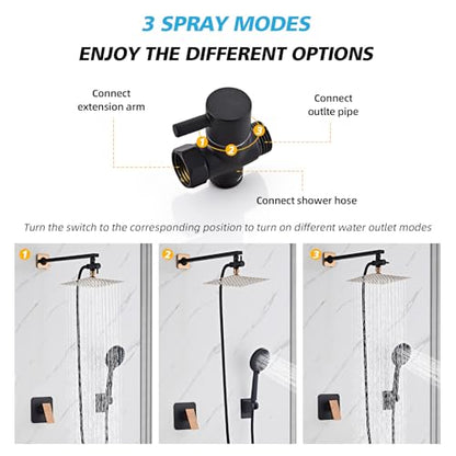 Shower Head Combo Matte Black and Rose Gold, 8 Inch Rain Shower Head with Handheld 5 Spray Modes High Pressure Rainfall Shower Heads System, 15 Inch Shower Adjustable Extension Arm - color: Matte Black+Rose Gold, style: 8 Inch with Handheld Sprayer