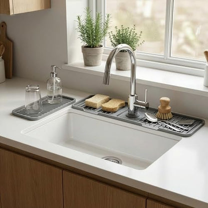 2-in-1 Silicone Kitchen Sink Organizer Draining Mat, 17.7 Inch | 7-degree sloped base, foldable, integrated storage tray, includes bonus 9.25x3.74 inch drainage tray, BPA-free