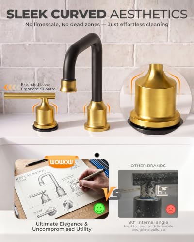 WOWOW Black Gold Bathroom Faucet 3 Hole, Widespread Vanity Sink Faucets | Copper Inlet 8 Inich Faucet for Bathroom Sink with Swivel Spout, 2 Handles Lavatory Tap with Drain and cUPC Supply Line - color: Black and Gold, style: Upgrade-8 Inch