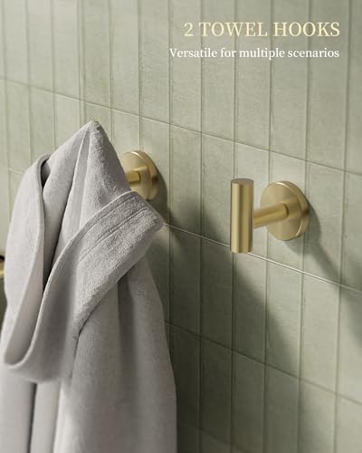 Brushed Gold Bathroom Hardware Accessories Set 5 pcs Towel Holder Bar Set | 24 inches Stainless Steel Towel Bar, Towel Racks for Bathroom Robe Towel Hooks Toilet Paper Holder Wall Mounted by BATHLAVISH - color: Brushed Gold