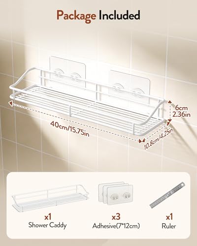 Orimade Bathroom Shelf Organizer Shower Caddy Storage Kitchen Rack with Traceless Transparent Adhesive No Drilling SUS304 Stainless Steel, 15.75inch, White - color: White