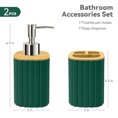 Bathroom Accessories Set, 2PCS Dark Green Soap Dispenser, Toothbrush Holder | Bamboo Bathroom Sets Accessories, Bathroom Set Striped - color: Green