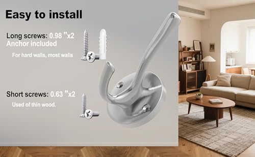 TOFIIGREM Brushed Nickel Wall Hooks, 4 Pack Heavy Duty Coat Towel Hook Metal Double Hook Wall Mounted Hanging, Bath Towel Hooks for Entryway Cubicle Bathroom Closet Garage - color: Silver, size: 4 Pack