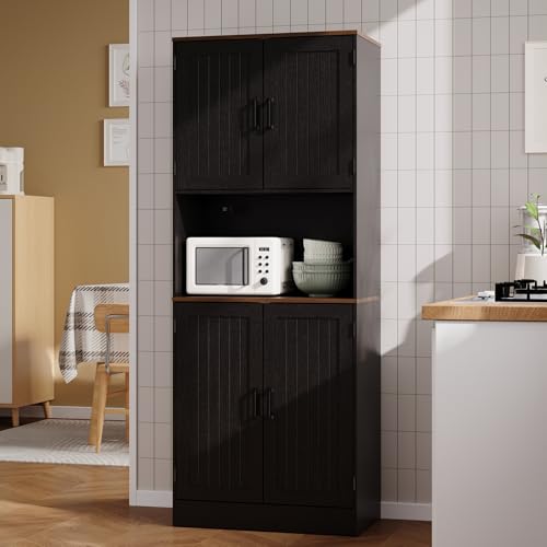 MHOM 71" Tall Pantry Cabinet with Charging Station, Farmhouse Kitchen Hutch with Adjustable Shelves, Modern Kitchen Pantry Storage Cabinet for Dinning Room & Living Room, Antique Black - color: Black