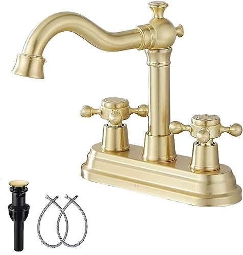 Bathroom Faucet Brushed Gold GGStudy 2 Handles 4 Inches Centerset Bathroom Vanity with Drain Assembly and Supply Hose Lavatory Mixer Double Handle Tap - color: Brushed Gold, style: Metal Cover