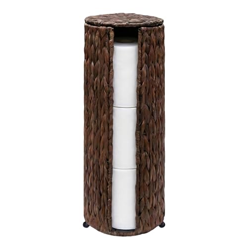 PINXIURY Water Hyacinth Paper Roll Holder, Wicker Toilet Paper Holder Stand for Bathroom, Toilet Roll Holder Stand for Bathroom and Under Sink, 3 Rolls of Toilet Paper Storage, Coffee - color: Coffee