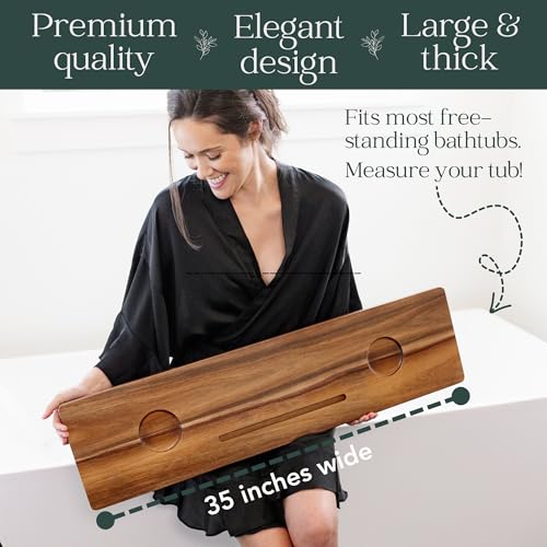 Premium Nature Shed Bathtub Tray for Freestanding Bath | Large & Thick 35” Acacia Wood Luxury Bath Tray for Tub | Anti-Tip, Non-Toxic, Adjustable Bathtub Trays for Tub with Bathroom Accessories Holder - size: Long (35x9x2.4 in)