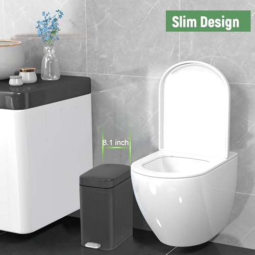 rejomiik Small Bathroom Trash Can with Lid Slim Soft Close Garbage Can Step Wastebasket Container Trash Bin for Office Bedroom Kitchen Living Room (2.6 Gallon Dark Gray) | Garbage Can with Pedal for Office, Bedroom, Kitchen & Living Room, Narrow Plastic W