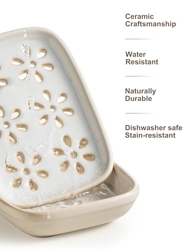 Miamolo Soap Dish for Shower with Drainage, Double Layer Bar Soap Holder, Ceramic Soap Saver Sponge Holder for Bathroom, Tub and Kitchen Sink, Slotted Draining Soap Dishes Extend Soap Life, Beige - color: Beige