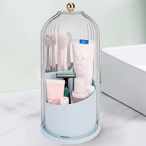 QIYVLOS Toothbrush Holders with Sliding Lid, Rotating 3 Slots Bathroom Organizer Countertop, Tooth Brush Toothpaste Holder Bathroom Counter Stand Sink Organizer Caddy for Makeup Brushes Holder (Blue) - color: Blue+Transparent