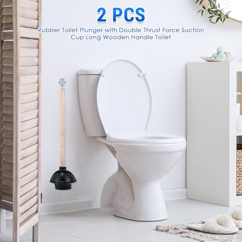 Dandat 2 Pcs Rubber Toilet Plunger with Double Thrust Force Suction Cup Long Wooden Handle Toilet Bowl Plunger Heavy Duty Pump Clogged Solution for Bathroom Stores Restaurants (Black)