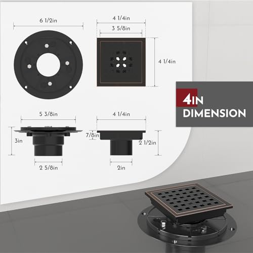 4 Inch Square Shower Floor Drain with Flange,Quadrato Pattern Grate Removable,Food-Grade SUS 304 Stainless Steel,Watermark&CUPC Certified,Oil Rubbed Bronze - color: Oil Rubbed Bronze, size: 4 Inch
