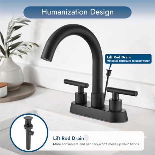 Bathroom Faucet with Lift Rod Drain,4 Inch Centerset 3 Hole,Matte Black | Two Handle Lead-Free SUS304 Stainless Steel Bathroom Sink Faucet with Lift Rod Drain & Supply Lines for RV & Farmhouse - color: Matte Black