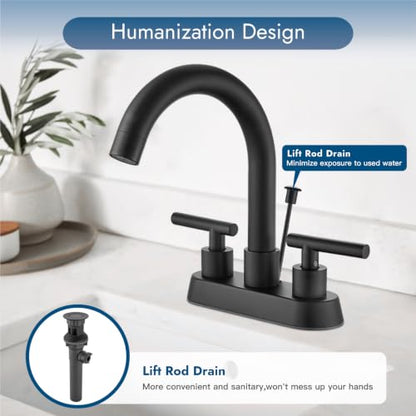 Bathroom Faucet with Lift Rod Drain,4 Inch Centerset 3 Hole,Matte Black | Two Handle Lead-Free SUS304 Stainless Steel Bathroom Sink Faucet with Lift Rod Drain & Supply Lines for RV & Farmhouse - color: Matte Black