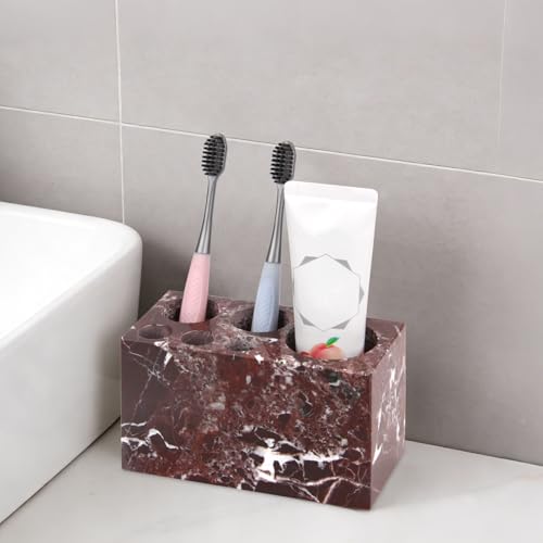 Natural Marble Toothbrush Holder, Rosso Lepanto, 6 Slots | Large Bathroom Organizer Countertop, Ventilation Design, Stone Toothbrush and Toothpaste Stand, Non-Slip Silicone Pads - color: Rosso Lepanto, size: 6 Slots