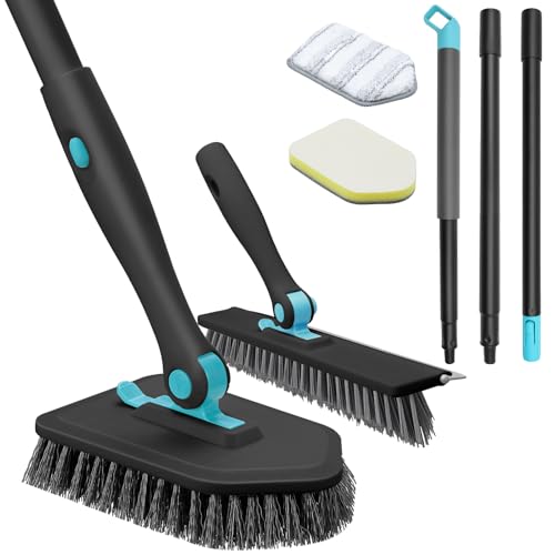 nacena Shower Scrubber with Long Handle, 4 in 1 Tile Tub Scrubber Brush with 3 Detachable Cleaning Heads and V-Shaped Grout Brush Shower Cleaner Brush for Bathroom Kitchen Toilet Tub Sink Wall, Black - color: Black, size: 2 pads+brush