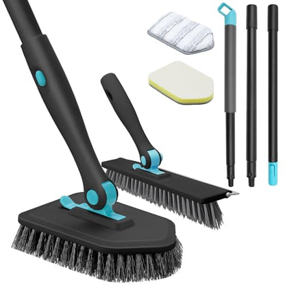nacena Shower Scrubber with Long Handle, 4 in 1 Tile Tub Scrubber Brush with 3 Detachable Cleaning Heads and V-Shaped Grout Brush Shower Cleaner Brush for Bathroom Kitchen Toilet Tub Sink Wall, Black - color: Black, size: 2 pads+brush