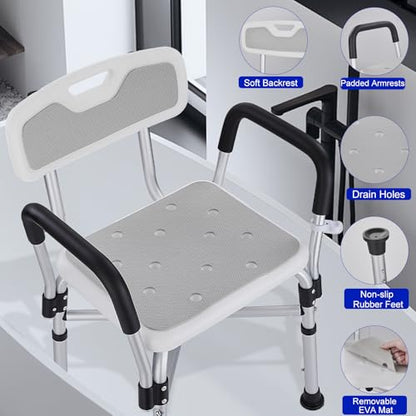 Shower Chair for Elderly and Disabled Inside Shower,Gray | 6-Height AdjustableShower Seat for Inside Tub,Shower Chair with Arms and Back 400 LB Heavy Duty - color: Gray