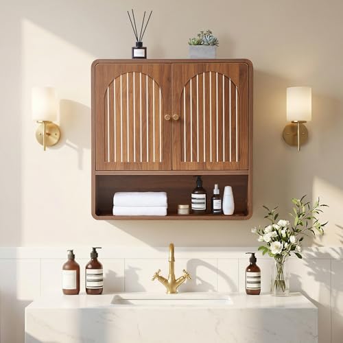 Wall Mounted Storage Cabinet Wood Medicine Cabinet, Over Toilet Organizers | Walnut Over Toilet Storage, Mid-Century Bathroom Wall Cabinet with Adjustable Shelf & Door for Bathroom Laundry Room Kitchen