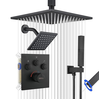 Thermostatic Shower System Matte Black, Push Button Diverter Shower Faucet with 2 in 1 Handheld, Ceiling Mount 12 Inch Shower Head with 6 Inch Wall Mount Shower Head - color: Matte Black, style: 12 Inch