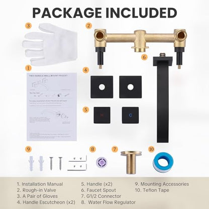 ALEASHA Wall-Mounted Bathroom Sink Faucet, Matte Black Bathroom Faucet | Waterfall Bathroom Faucet with Two Handles, Brass Bathroom Sink Faucet, Wall-Mounted Washroom Faucets and Rough-in Valve - color: Matte Black