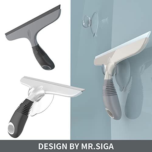 MR.SIGA Silicone Squeegee for Shower Doors, 25 cm/10 inch, White & Gray | Shower squeegee for glass doors, streak free squeegee for windows, showers and glass surfaces, includes suction hook