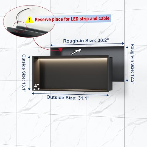 Qeke 30" X 12" Stainless Steel Shower Niche w/ 3 CCT Dimmable Light, Black | No Tile Needed Wall Niche, Recessed Niche w/ Light(3000K/4000K/6000K), IP66 Waterproof, Space Saving & Durable - color: Matte Black, size: 30" X 12"