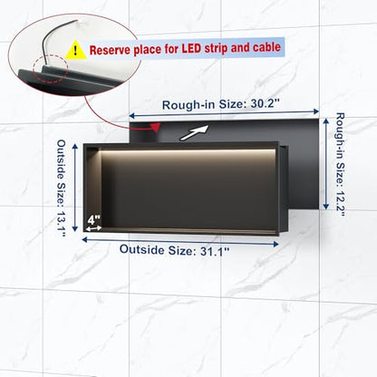 Qeke 30" X 12" Stainless Steel Shower Niche w/ 3 CCT Dimmable Light, Black | No Tile Needed Wall Niche, Recessed Niche w/ Light(3000K/4000K/6000K), IP66 Waterproof, Space Saving & Durable - color: Matte Black, size: 30" X 12"