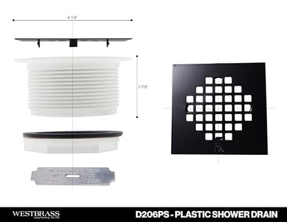 Westbrass D206PS-62 4-1/4" Square Grate Shower Drain Cover with 2" SCH 40 PVC Drain Pipe, Matte Black - color: Matte Black