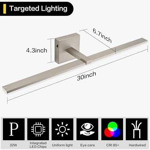 30 Inch Bathroom Light Fixtures Over Mirror Brushed Nickel Arm Wide LED Vanity Bar 6000K Aluminum ETL IP44 - color: Brushed Nickel, size: 30-inch